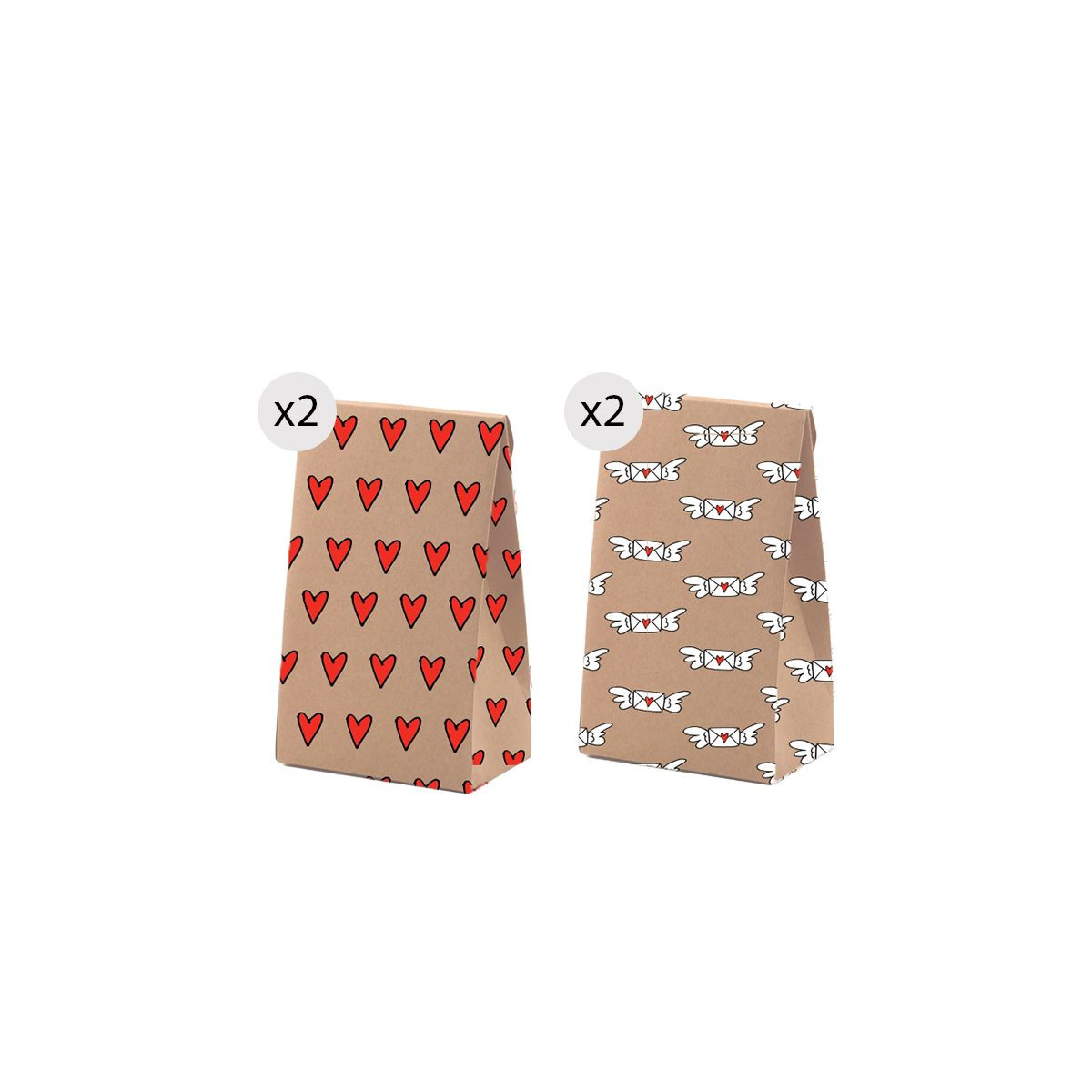 Set de 4 bolsas kraft tamaño S con estampado divertido y romántico