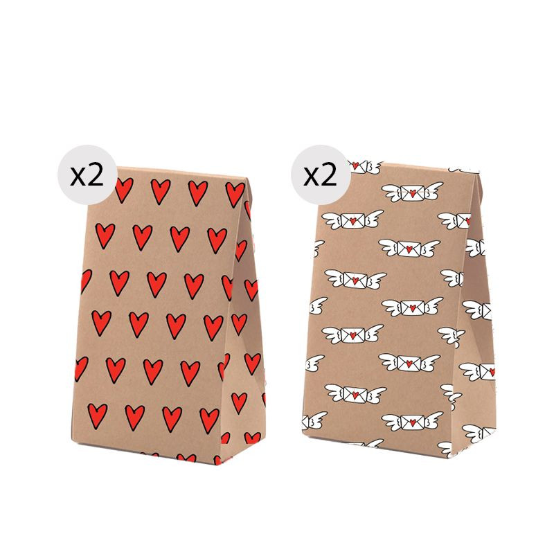 Set de 4 bolsas kraft tamaño S con estampado divertido y romántico