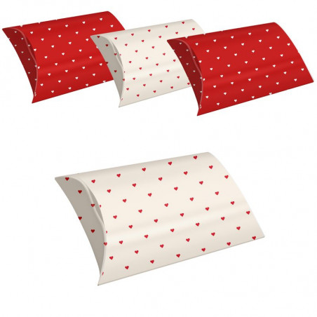 Set de 4 cajas tamaño S con corazones estampados en colores rojo y blanco