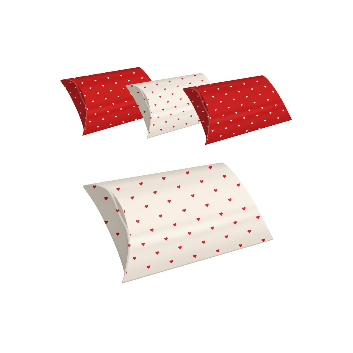 Set de 4 cajas tamaño M con corazones estampados en colores rojo y blanco