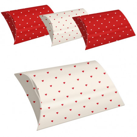 Set de 4 cajas tamaño M con corazones estampados en colores rojo y blanco
