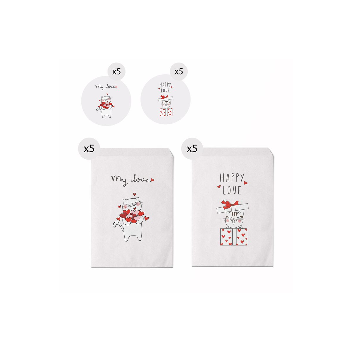 Set de 10 sobres tamaño 13x16 de gatitos con mensajes de amor