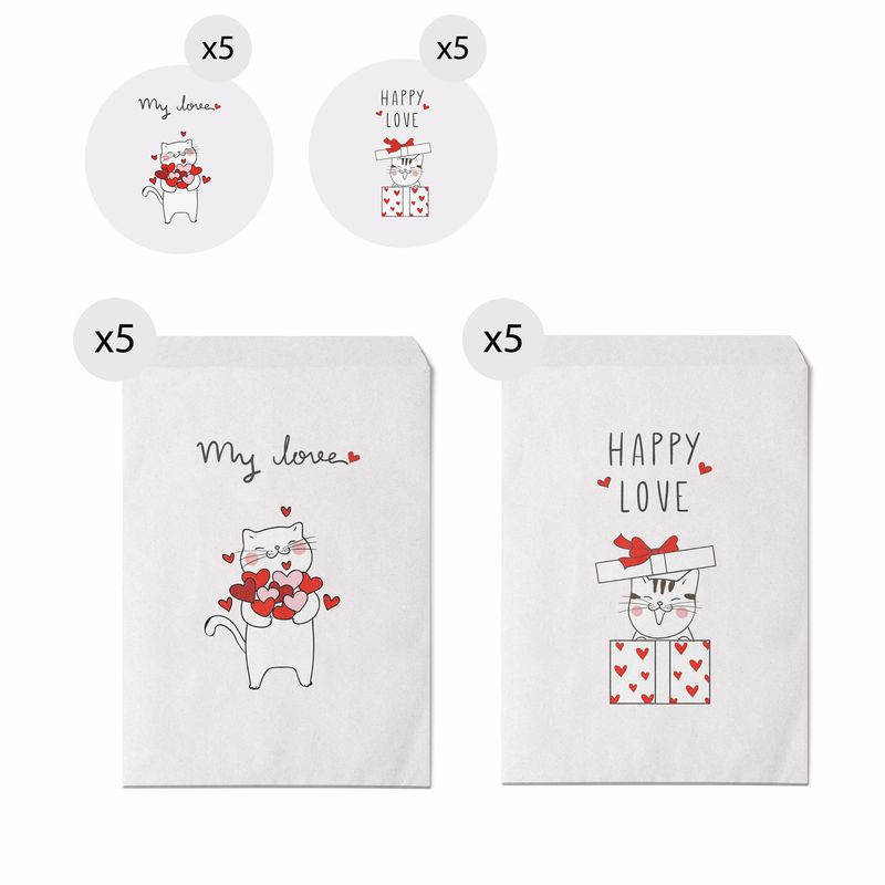 Set de 10 sobres tamaño 13x16 de gatitos con mensajes de amor