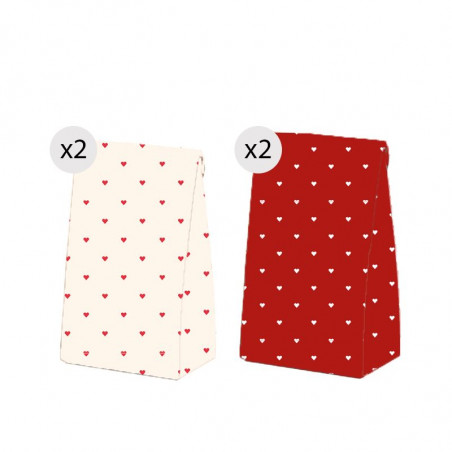 Set de 4 bolsas con corazones rojos y blancos tamaño S
