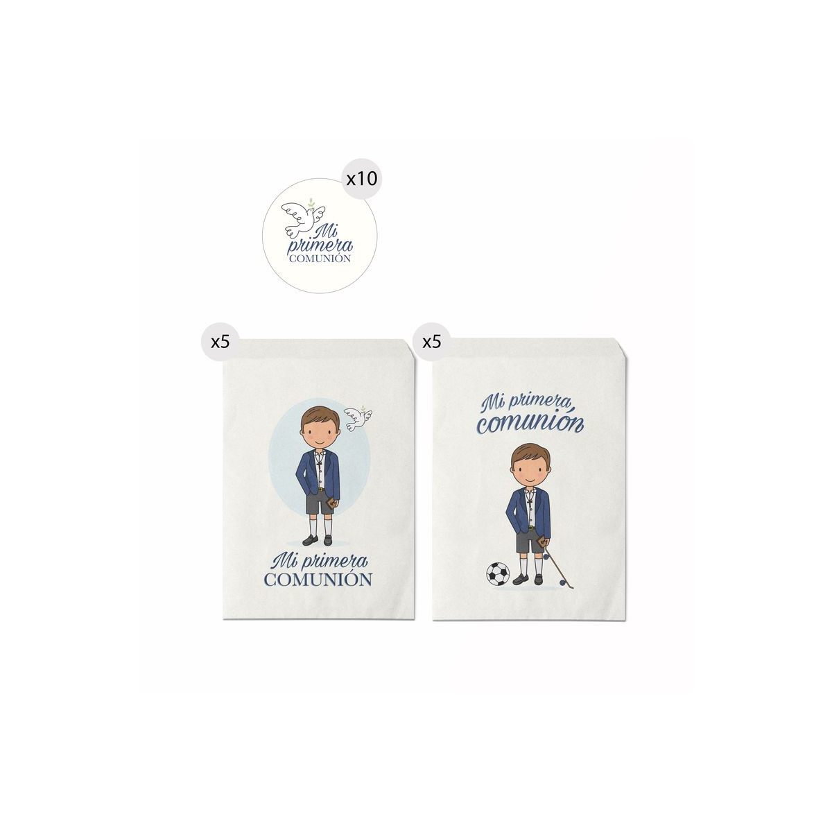 Set de 10 sobres de papel 13x16 con pegatinas de comunión de niño