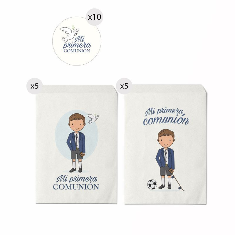 Set de 10 sobres de papel 13x16 con pegatinas de comunión de niño