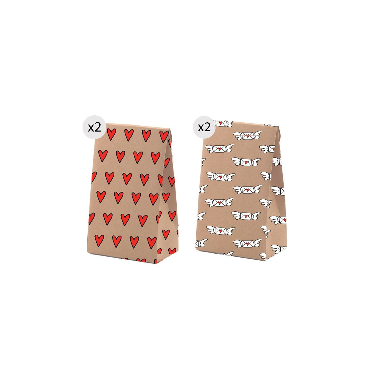 Set de 4 bolsas kraft tamaño M con estampado divertido y romántico