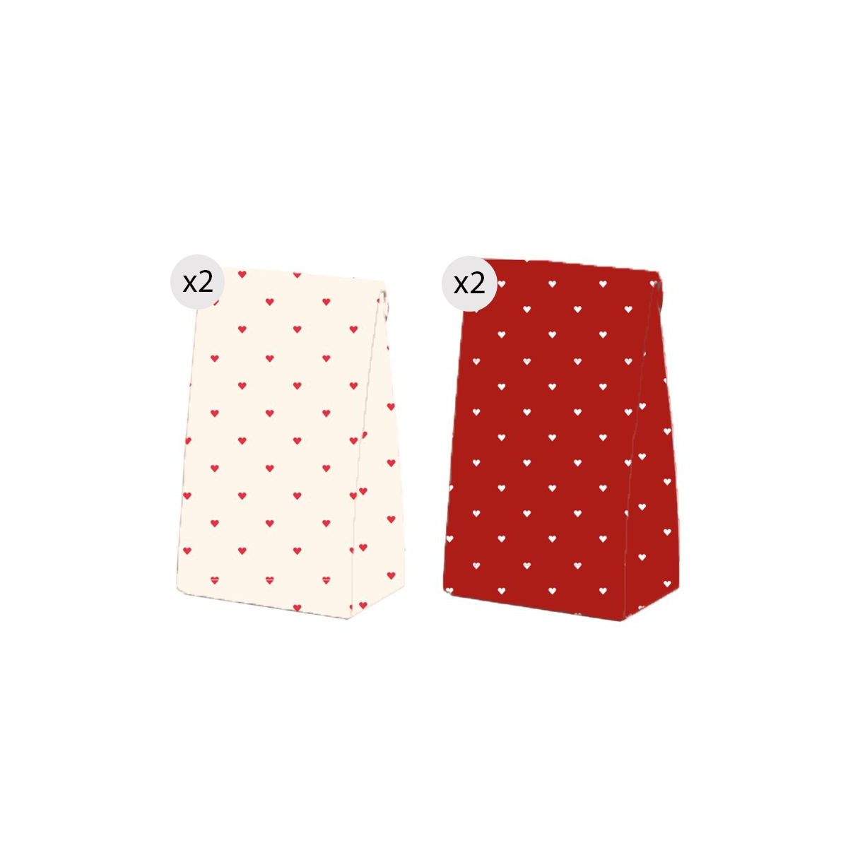 Set de 4 bolsas con corazones rojos y blancos tamaño M