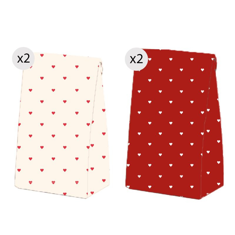 Set de 4 bolsas con corazones rojos y blancos tamaño M