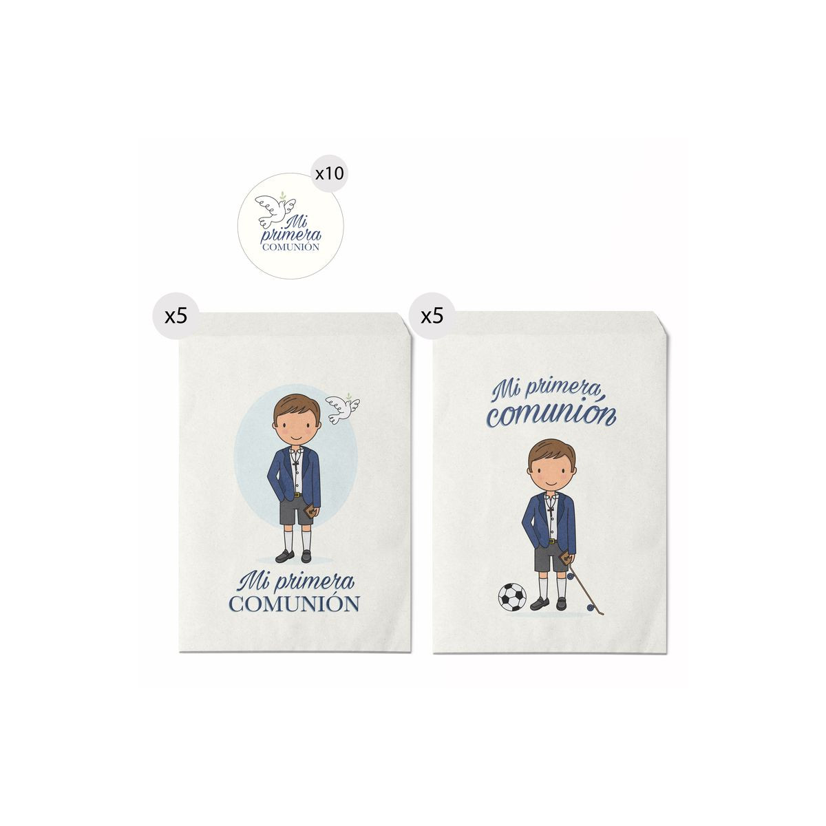 Set de 10 sobres de papel 16x24 con pegatinas de comunión de niño
