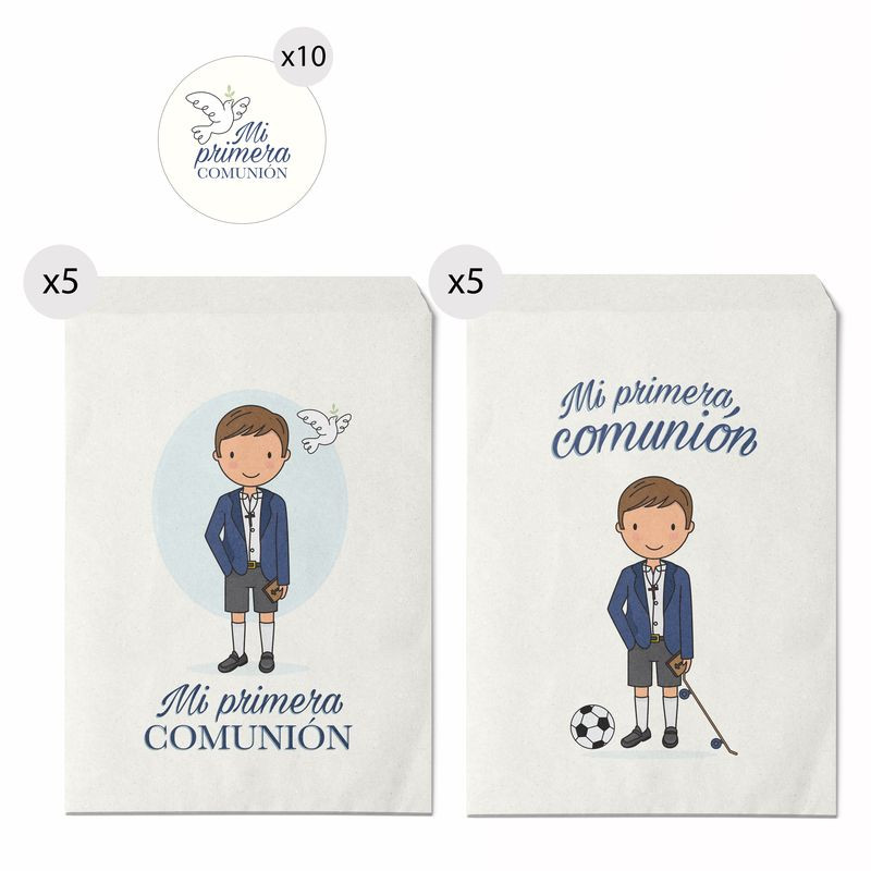 Set de 10 sobres de papel 16x24 con pegatinas de comunión de niño