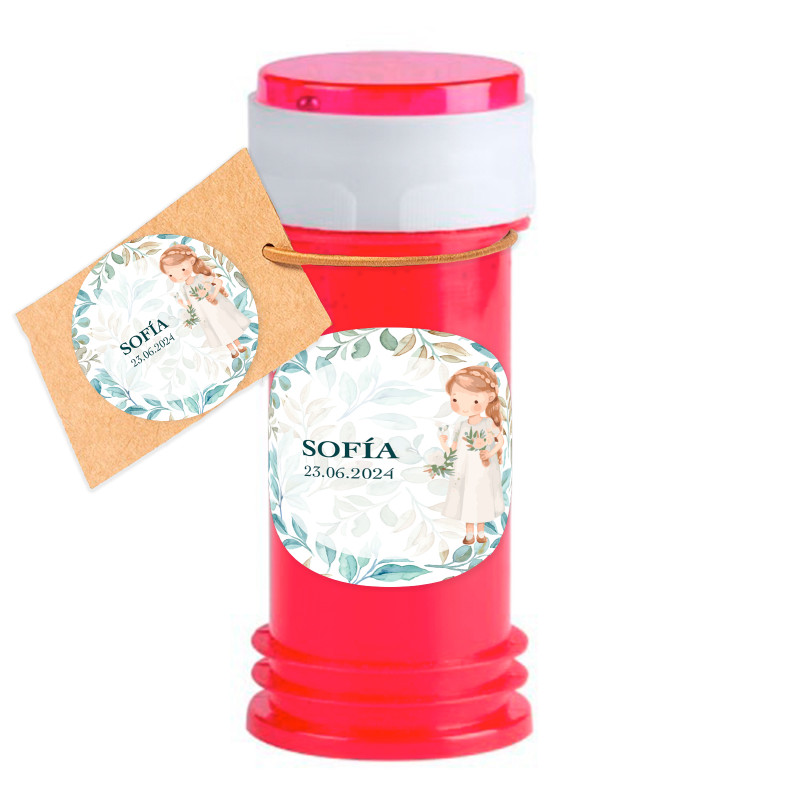 Pompero personalizado sin jabón para detalles comunión niña