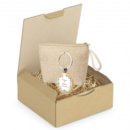 Monedero y llavero personalizado con adhesivo presentado en caja de cartón