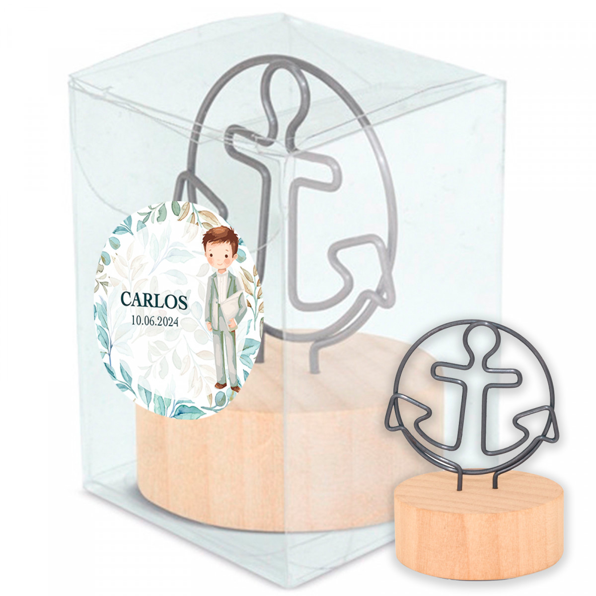 Clip con soporte de madera en caja personalizada para detalles comunión niño