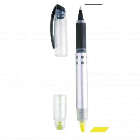 Marcador fluorescente amarillo y bolígrafo para detalles