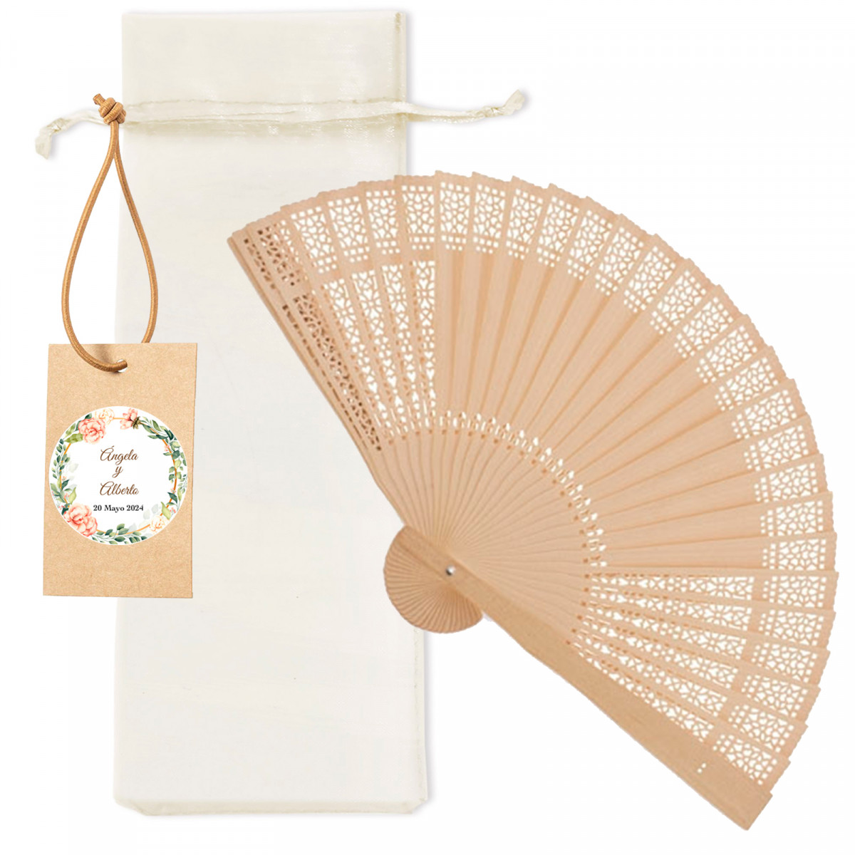 Detalles Boda Mujer Abanico De Madera En Bolsa Con Tarjeta