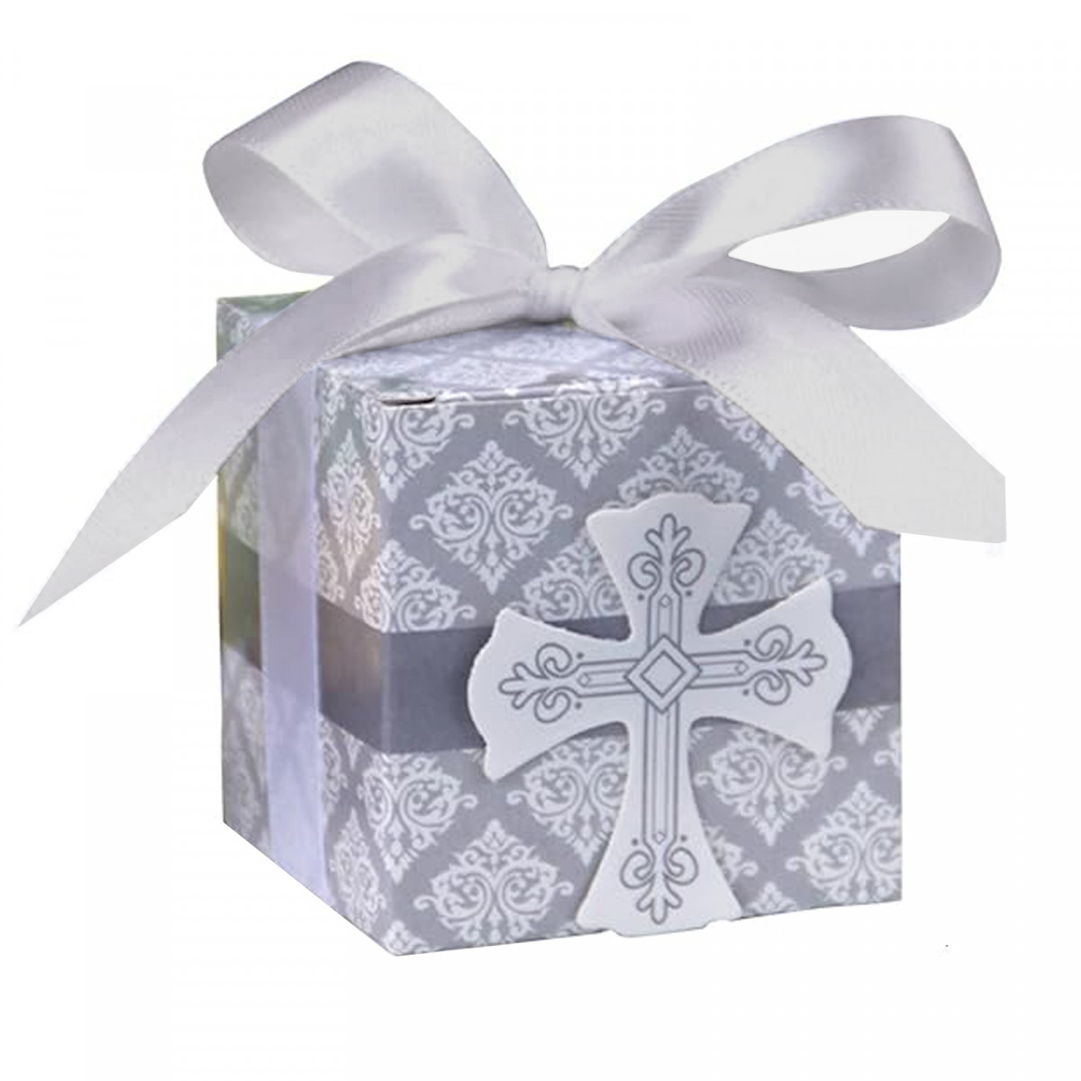 Caja cuadrada con tapa de cartón con cruz decorativa