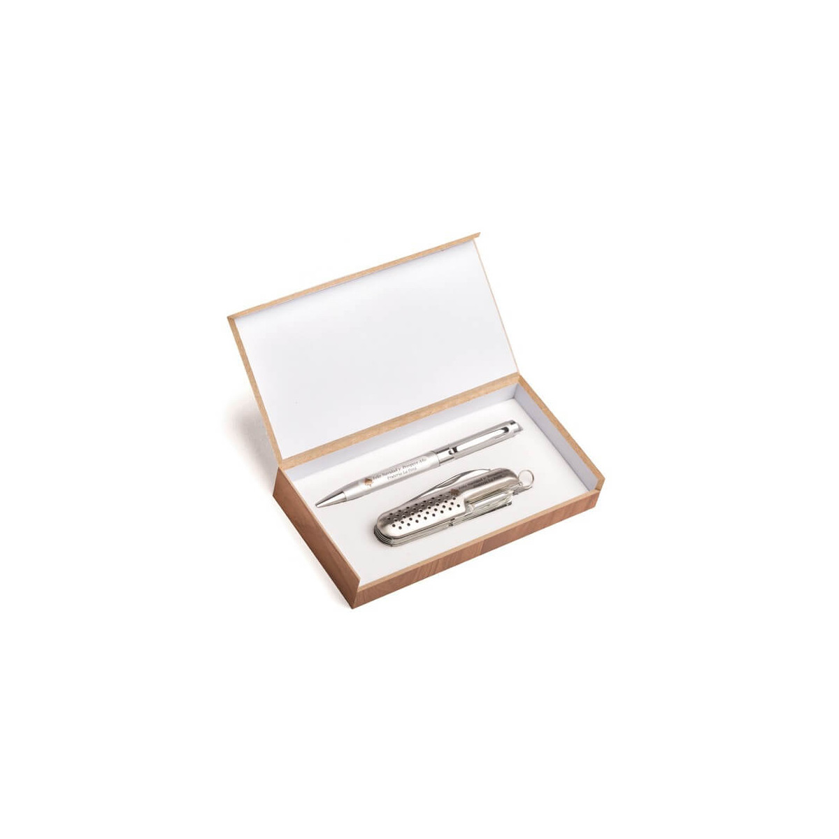 Navaja y bolígrafo personalizados en caja de madera para regalos de empresa en navidad