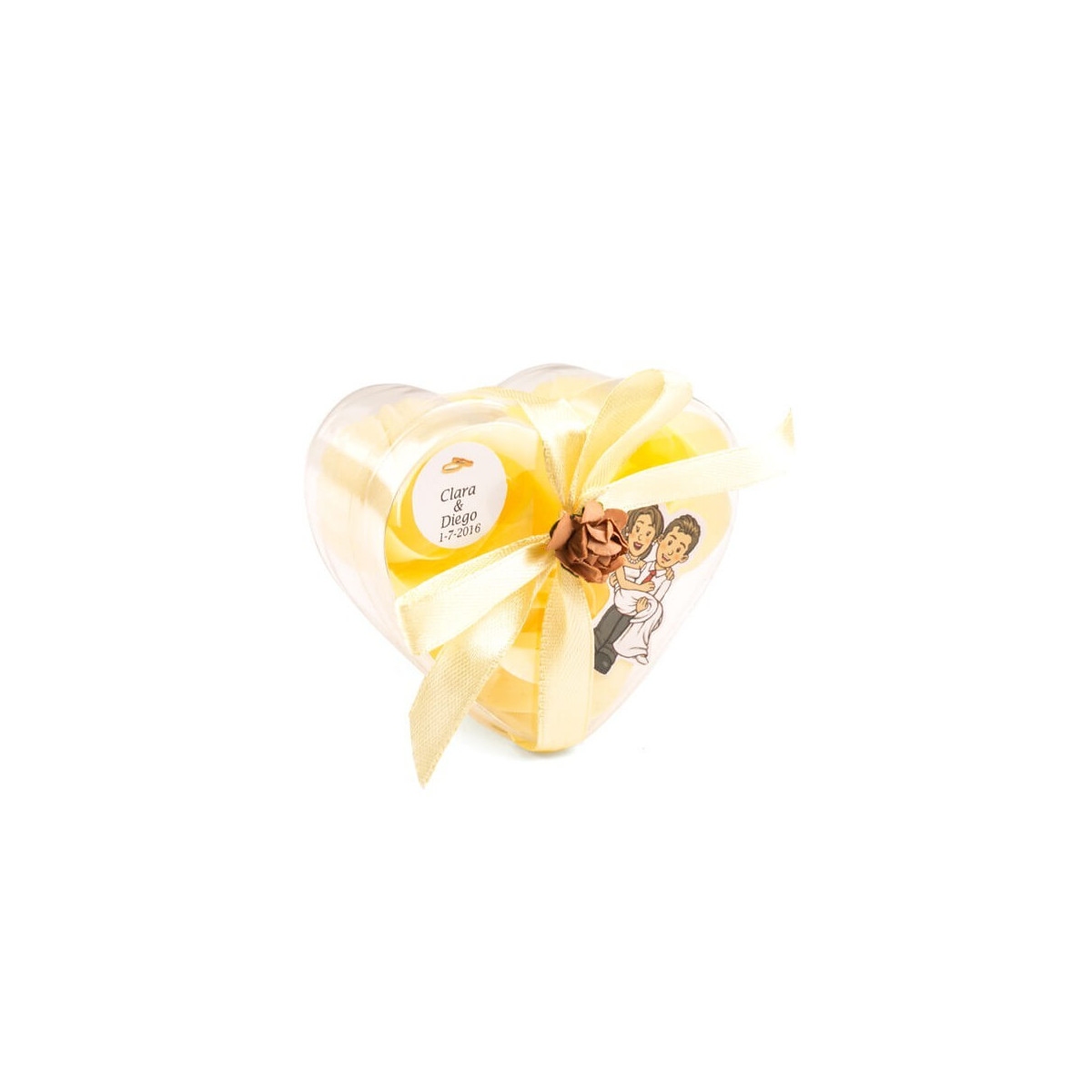 Jabones con forma de rosa personalizados para boda con adhesivo de novios