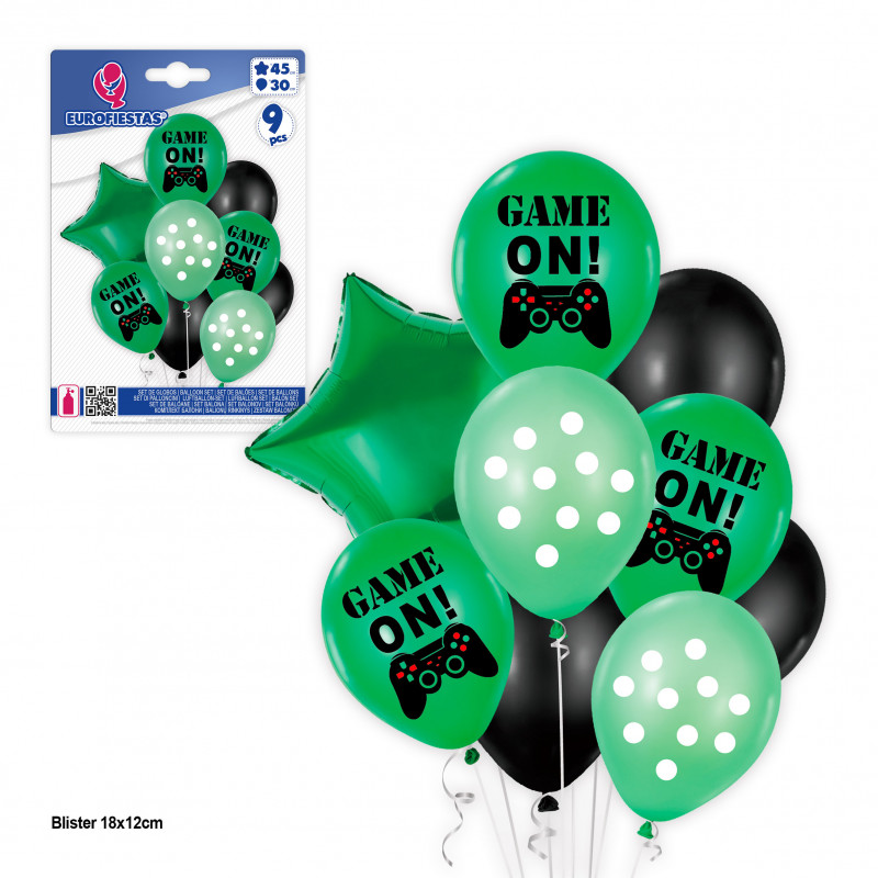 Globos impresos 9 unidades de gamer con diversas formas en colores verde y negro