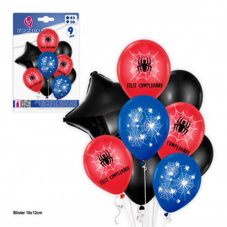 Globos para cumpleaños 9 unidades con motivos de Spider en colores rojo azul y negro