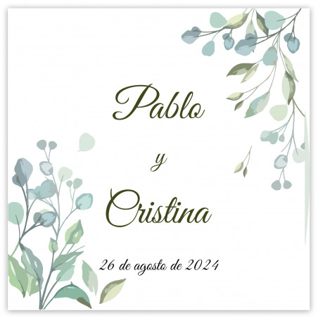Adhesivo cuadrado 5 x 5 cm hojas personalizado bodas