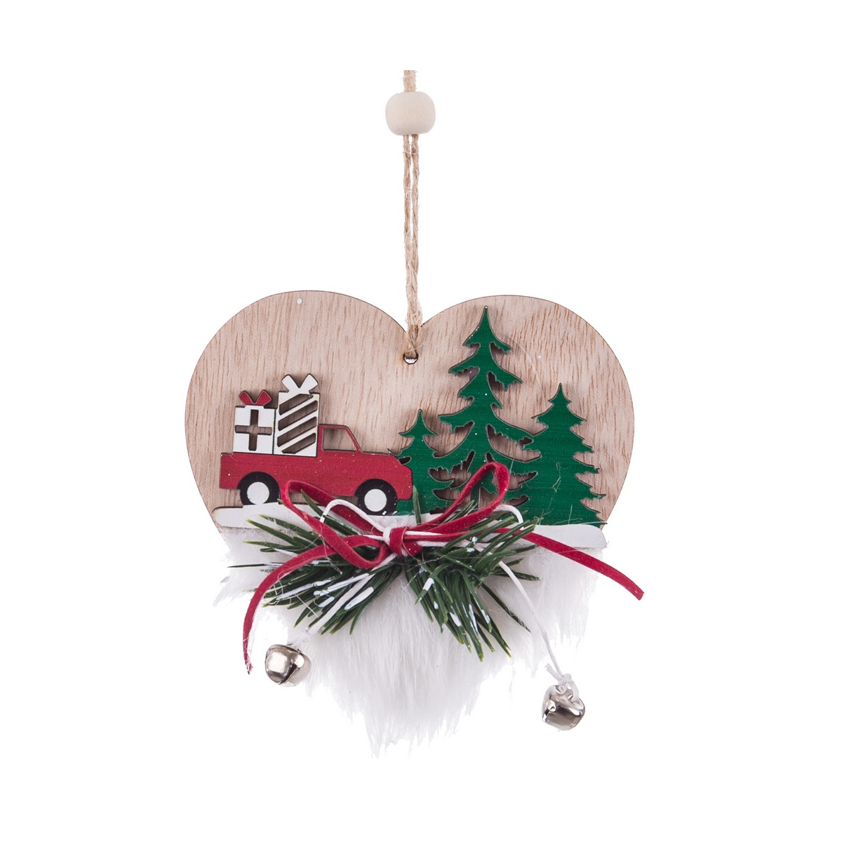 Adorno navideño de madera en forma de corazón Decoración rústica con coche y abetos
