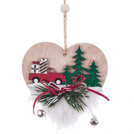 Adorno navideño de madera en forma de corazón Decoración rústica con coche y abetos