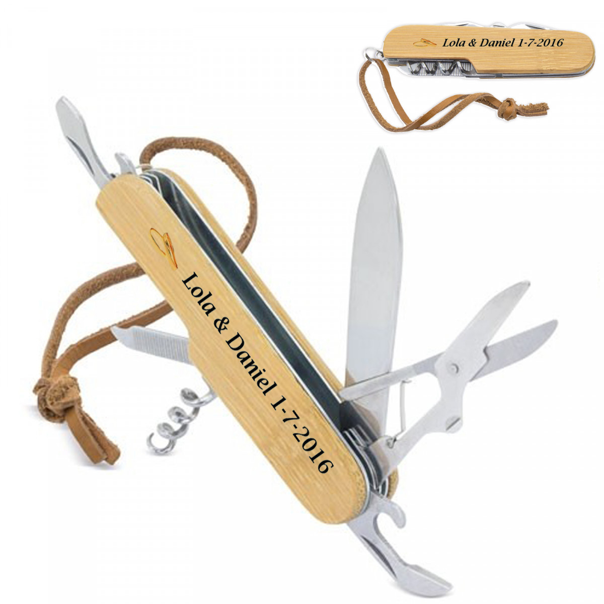 Navaja multiusos de bambú con adhesivo personalizable para boda