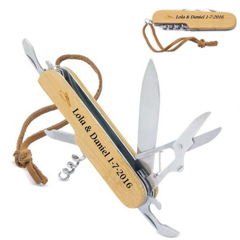 Navaja multiusos de bambú con adhesivo personalizable para boda