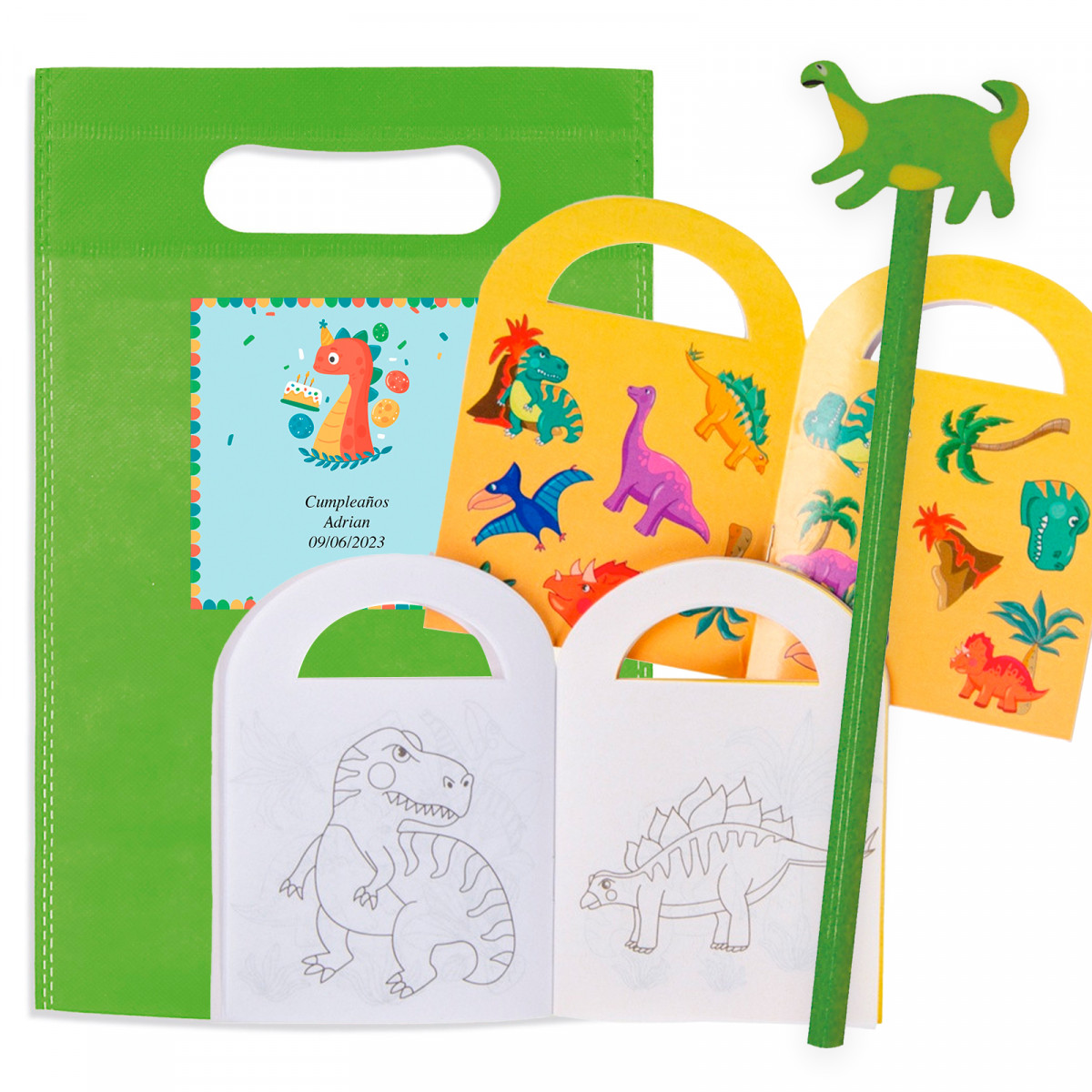 Ideas Originales para Cumpleaños Libro de colorear con pegatinas y lápiz de dinosaurio en bolsa personalizada