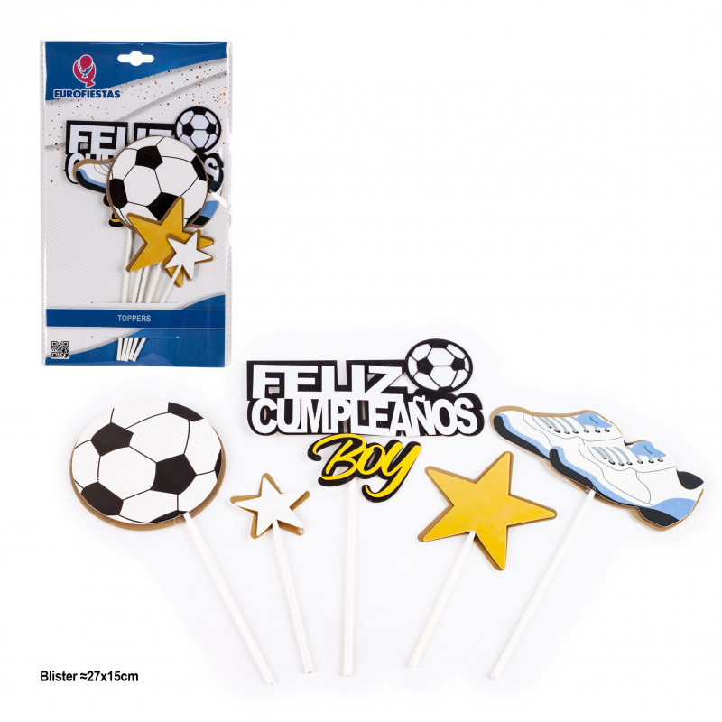Topper para cumpleaños con temática de fútbol en pack de 5 piezas
