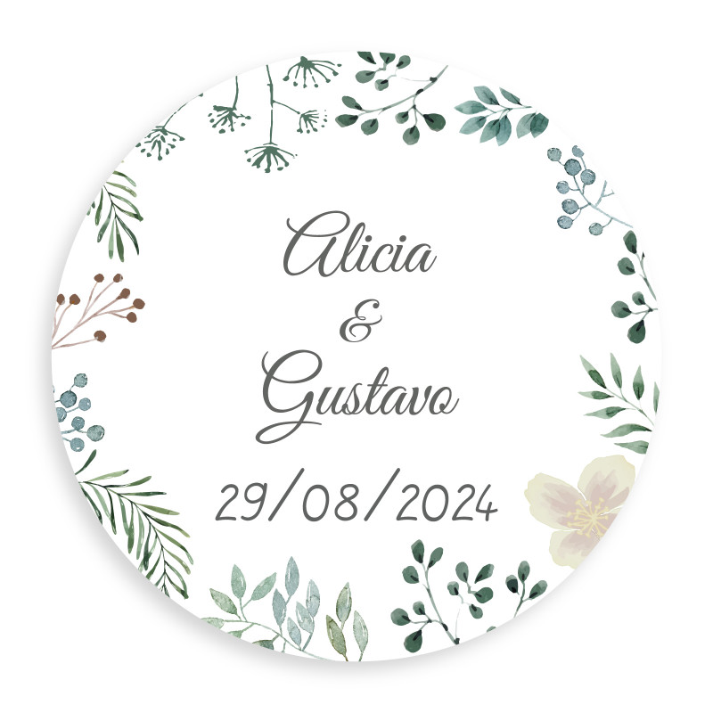 Adhesivo Personalizable Redondo 3Cm Herbal Minimalista Para Bodas