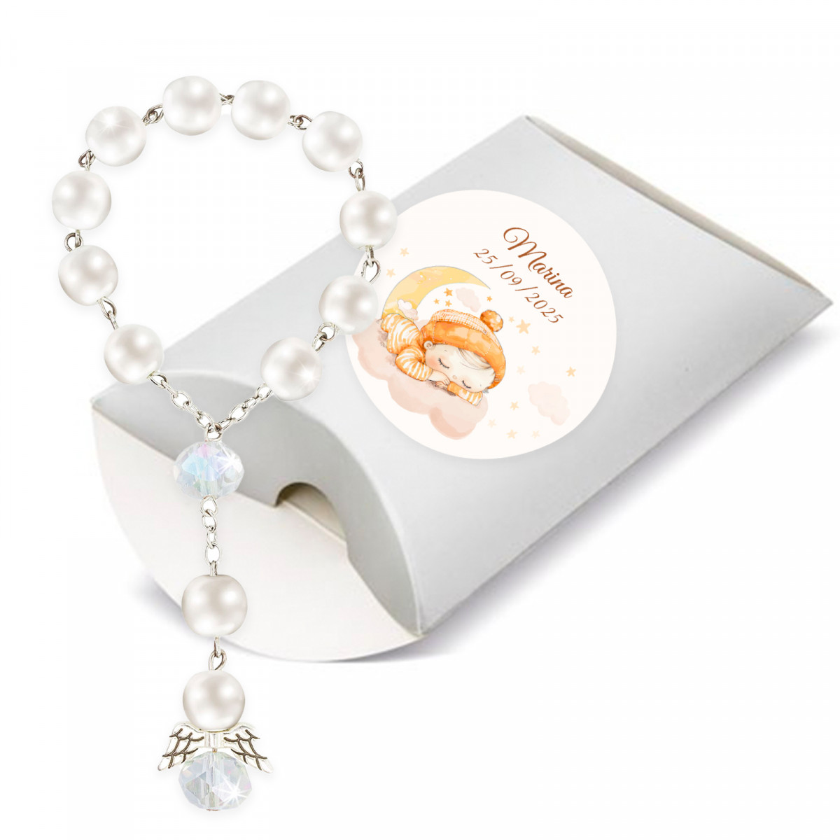 Detalles para Bautizos Originales Rosario Ángel de la Guarda en caja kraft personalizada