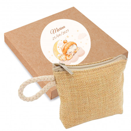 Detalles Bautizo Monedero rústico en caja con adhesivo personalizado