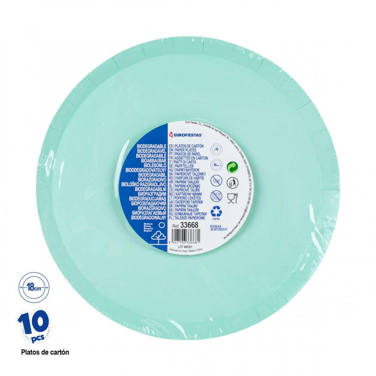 Plato de cartón plano para fiestas en color verde en pack de 10 piezas de 18cm