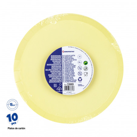 Plato de cartón plano en color amarillo en pack de 10 piezas y 18 cm