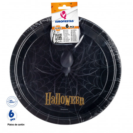 Plato cartón negro para Halloween en pack de 6 piezas y 23 cm