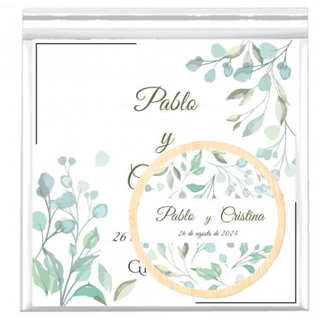 Abridor de bambú con imán personalizado y tarjeta de recuerdo en bolsa transparente