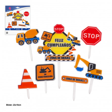 Topper para tartas en forma de señales de construcción en pack 7 piezas