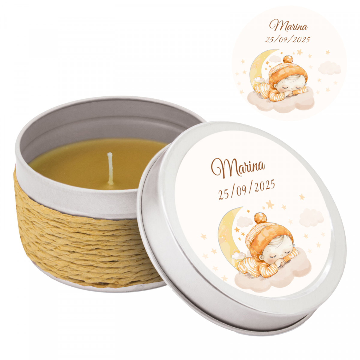 Vela aromática en caja decorada con cuerda y tapa personalizada para bautizo