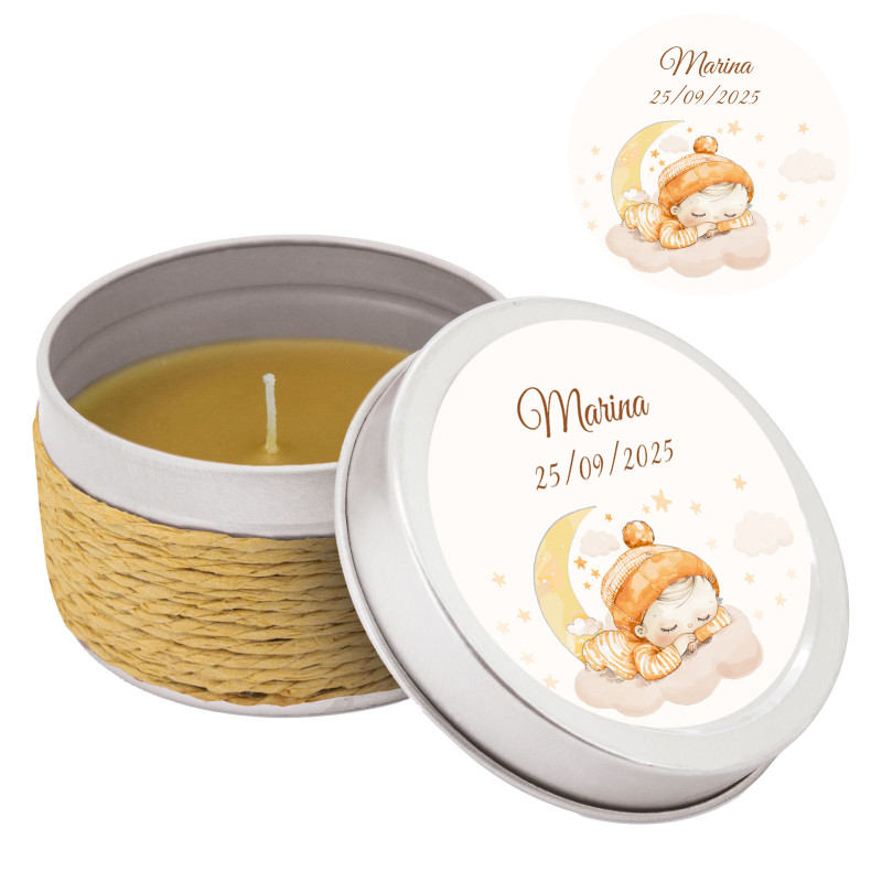 Vela aromática en caja decorada con cuerda y tapa personalizada para bautizo