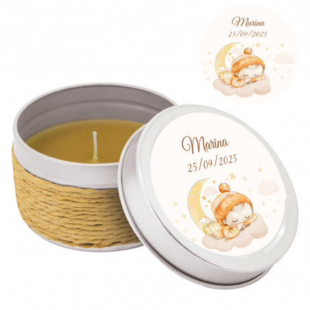 Vela aromática en caja decorada con cuerda y tapa personalizada para bautizo
