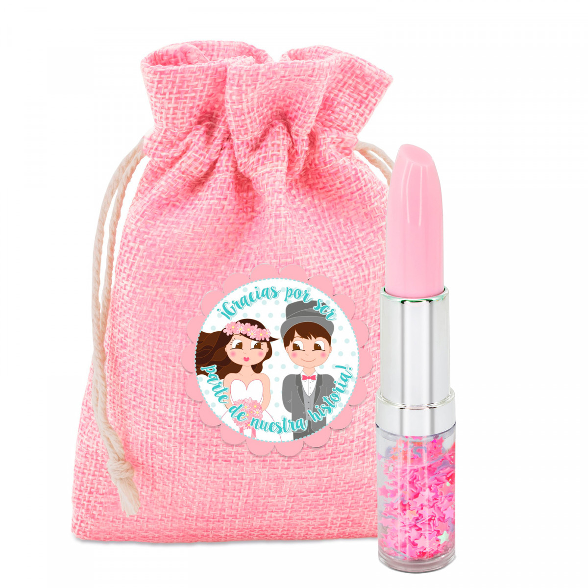 Bolígrafo pintalabios en bolsa de tela rosa con adhesivo personalizado para detalles
