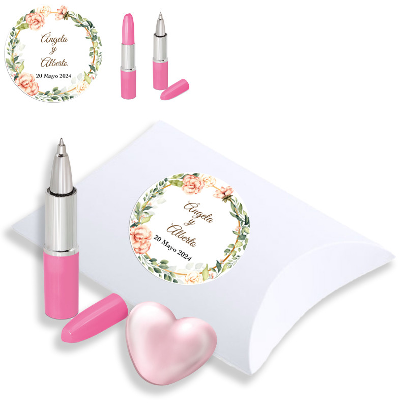 Bolígrafo y brillo labial con formas en color rosa con estuche personalizado para bodas