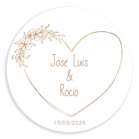 Adhesivo 5cm con corazón con líneas minimalistas redondo personalizable para bodas