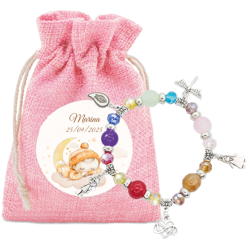 Pulsera Con Cuentas De Colores Y Charms En Bolsa De Tela Rosa Y