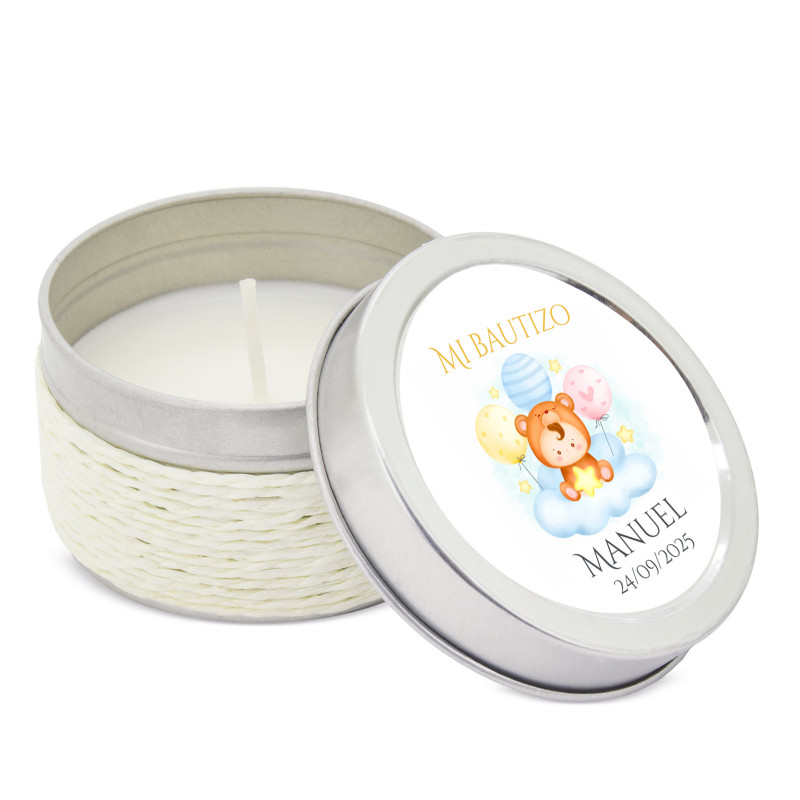 Vela aromática blanca con adhesivo de oso personalizable para bautizo