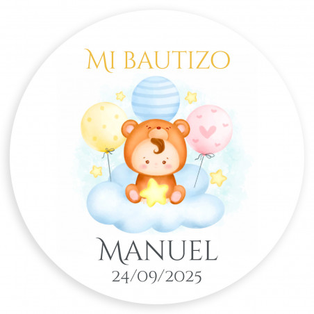 Vela aromática blanca con adhesivo de oso personalizable para bautizo
