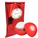 Bálsamo labial rojo esférico en bolsa metalizada y adhesivo personalizado para navidad